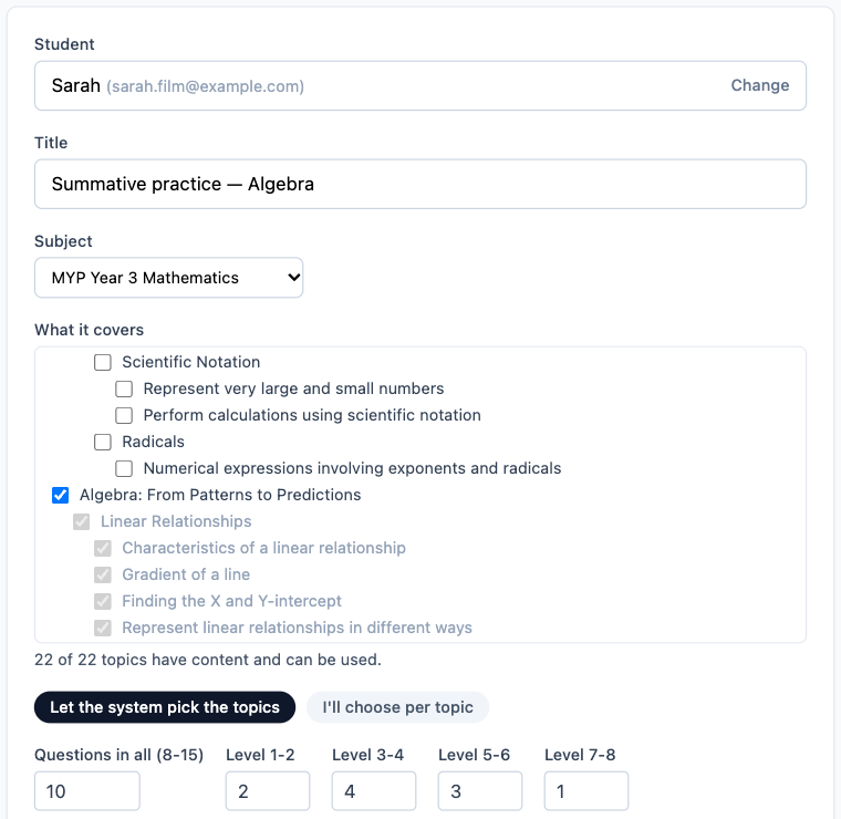 A parent creating a practice assessment for their child: student, title, subject and topics