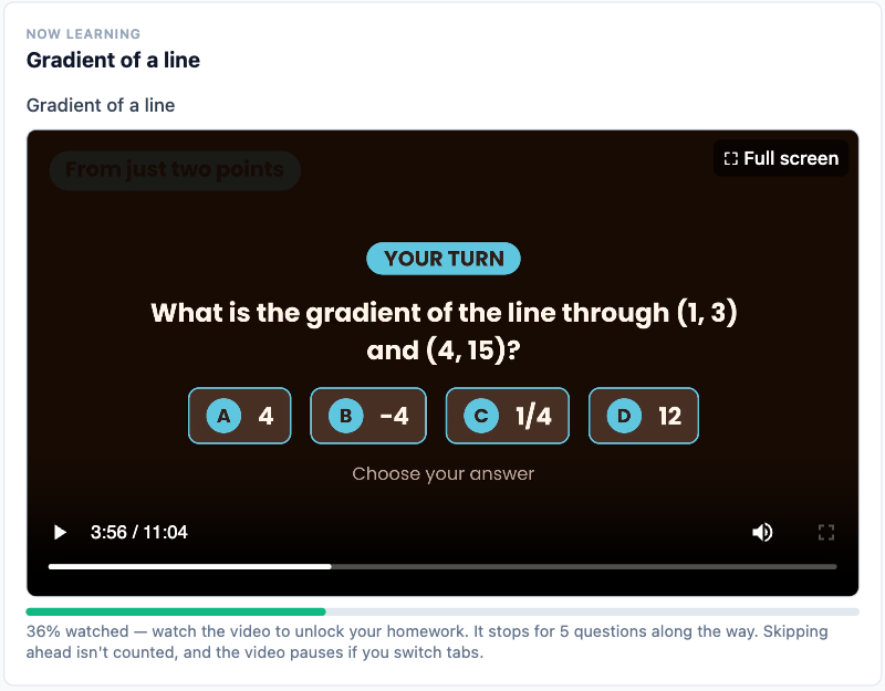 A video lesson on the gradient of a line, paused on a multiple-choice question for the student