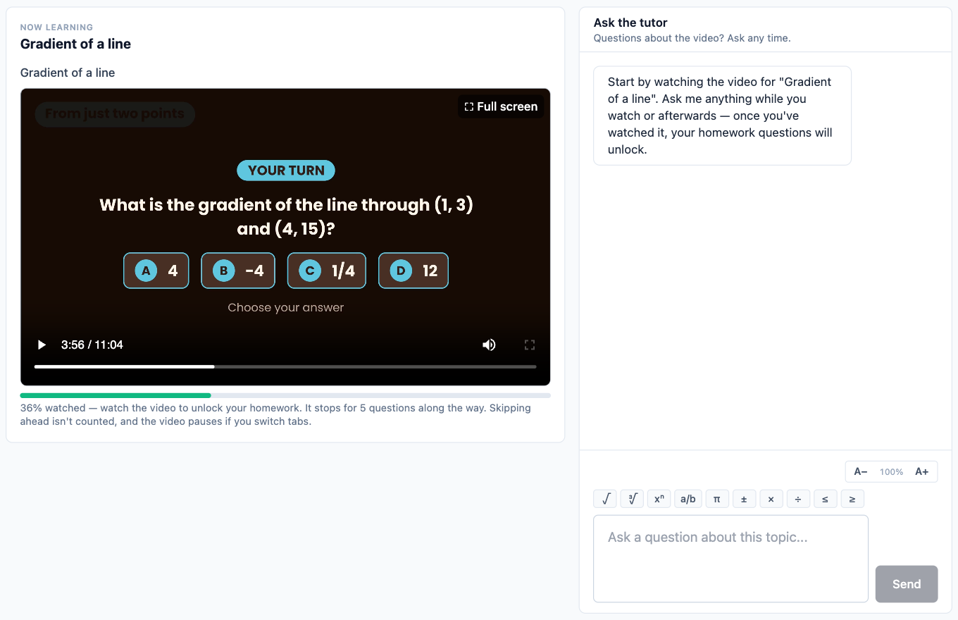 A video lesson on the gradient of a line paused on a question, with the Ask the tutor chat beside it